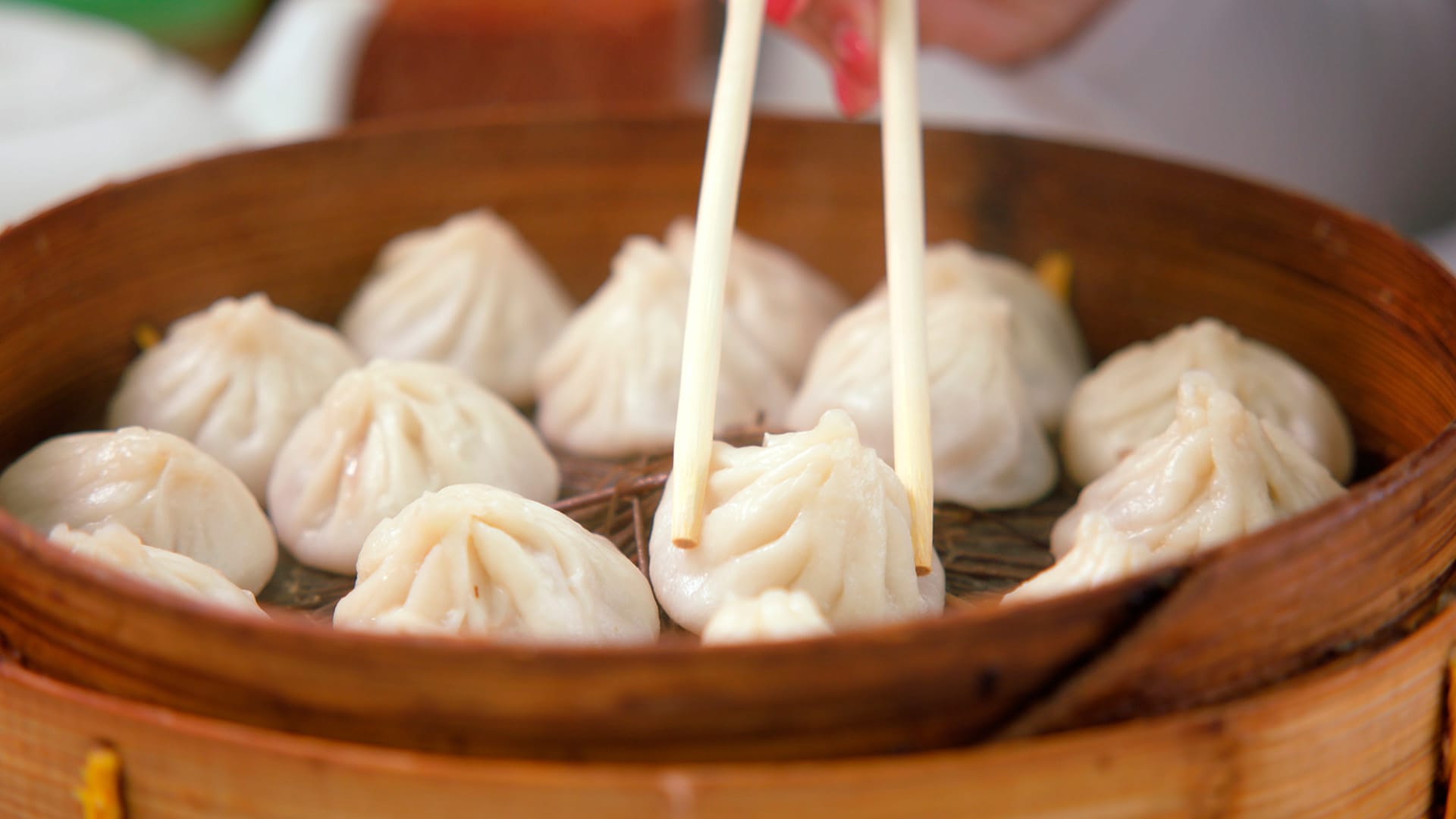 Xiaolongbao in a basket in Shanghai